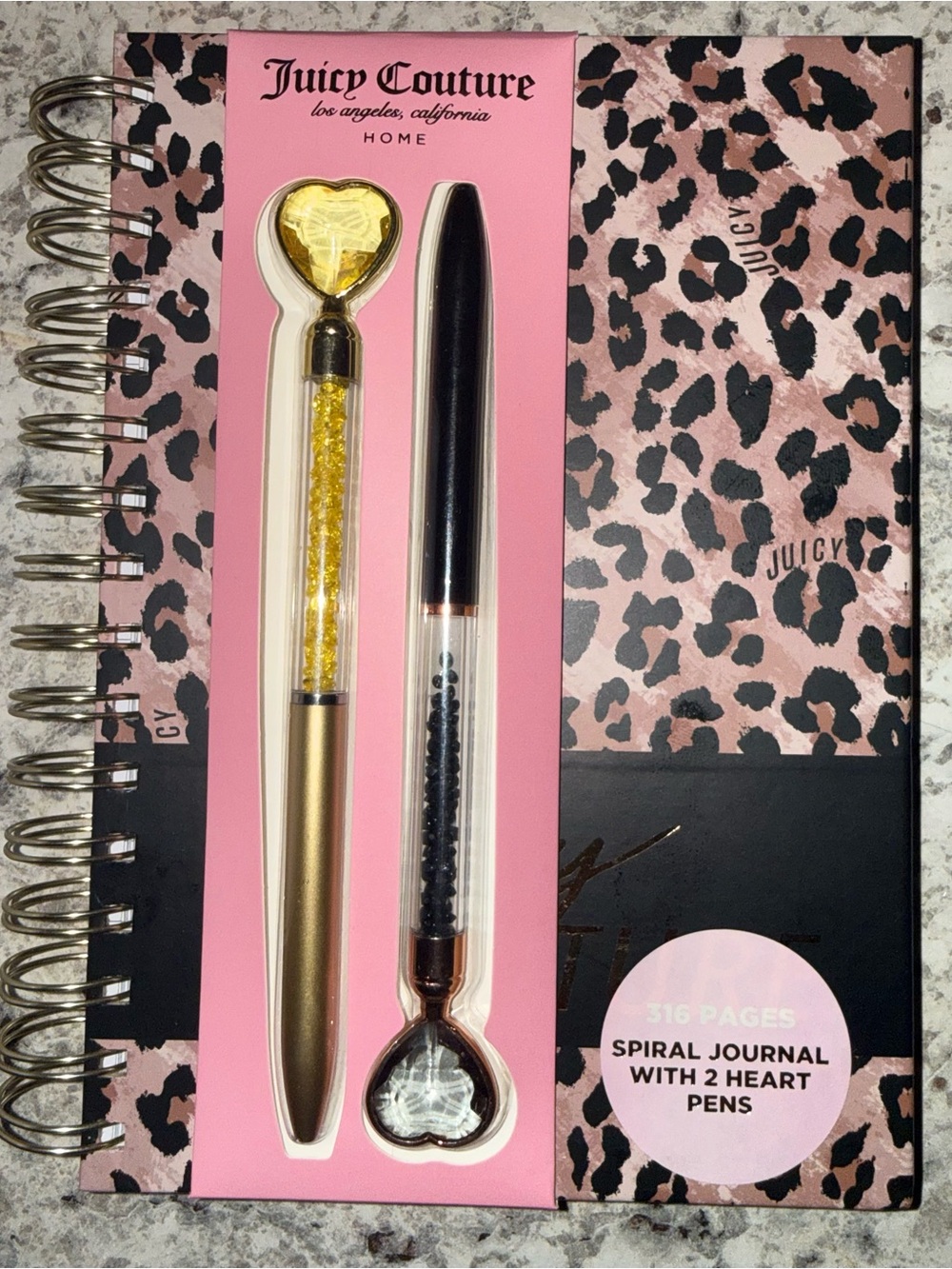 Juicy Couture Pink Leopard Spiral Journal with Gold & Black Heart Pens